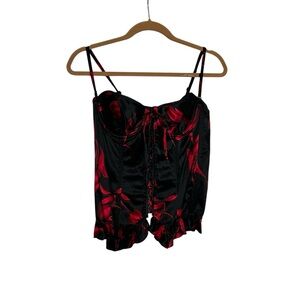 Victorias Secret Y2K 100% Silk Black & Red Floral Print Lace Up Corset Top 34B